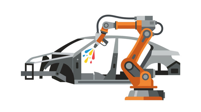 Industrial robotic arm spraying paint on car chassis in automotive manufacturing plant flat vector illustration.