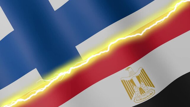 Two waving flags Finland and Egypt with diagonal lightning seamless, 4k loop