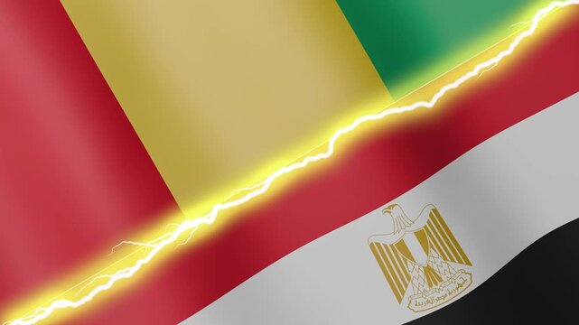 Two waving flags Guinea and Egypt with diagonal lightning seamless, 4k loop