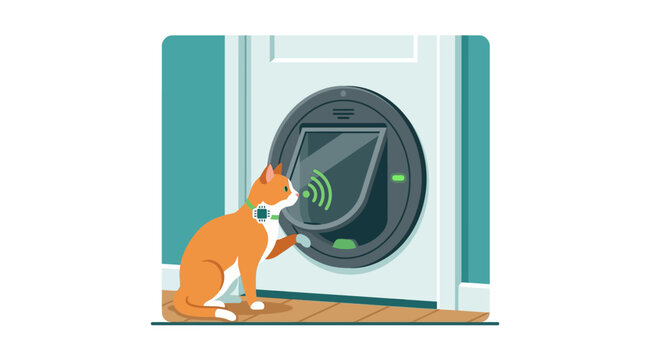 Smart cat flap recognizing microchip on pet collar for home access security flat design vector illustration.