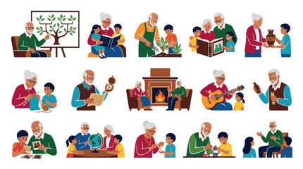Fototapeta premium Grandparents and Grandchildren Activities, Family, Generational Bonding, Flat Vector Art