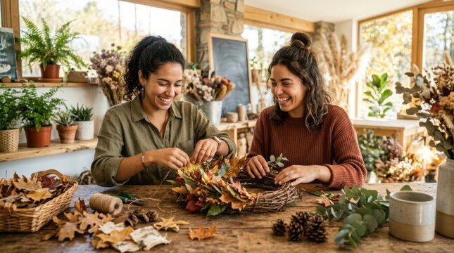 Two smiling women crafting a beautiful autumn wreath together indoors