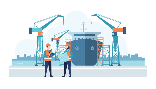 Shipyard engineers in orange safety vests study a blueprint next to a massive ship under construction with harbor cranes.