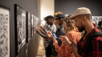 Obraz premium Group of multi-ethnic visitors scanning QR code to get more information about black and white photo on wall at exhibition in museum
