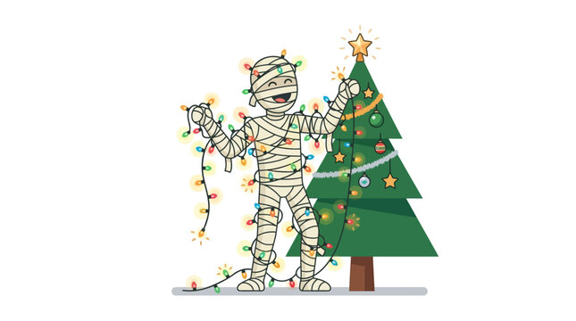 Cute cartoon mummy tangled in glowing colorful Christmas lights while decorating holiday tree flat vector illustration.