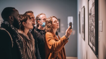 Obraz premium Group of multi-ethnic visitors scanning QR code to get more information about black and white photo on wall at exhibition in museum