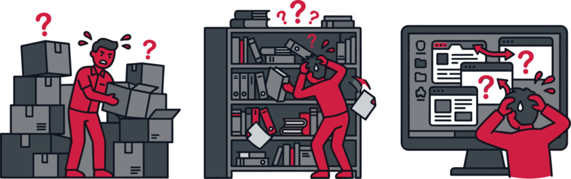 Stressed Employee Facing Work Chaos Disorganization and Data Management Confusion Vector Illustration Character Set for Business Infographics