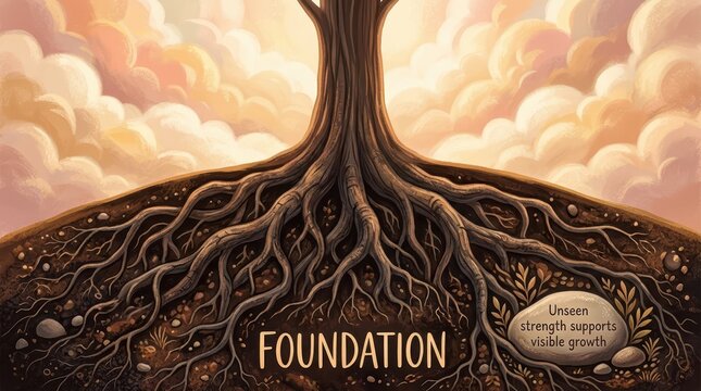 Deep Tree Roots Foundation Metaphor for Stability, Strength, and Growth with Inspirational Stone Text