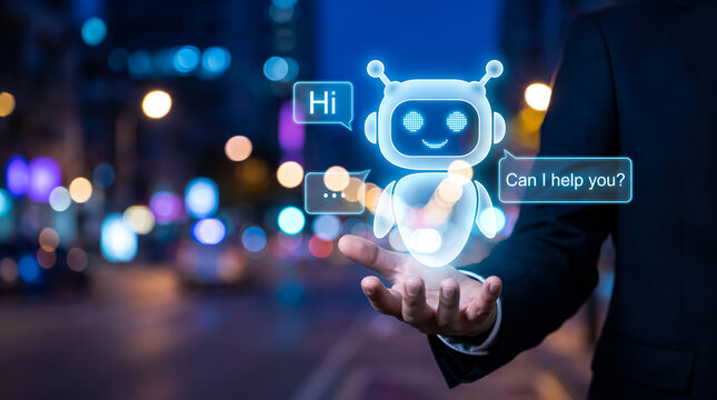 Businessman holding a digital chatbot icon in his hand, representing artificial intelligence and customer service technology