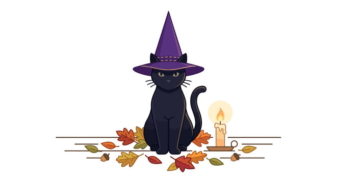 Sleek black cat in purple witch hat sitting among fall leaves with burning candle Halloween flat vector illustration.