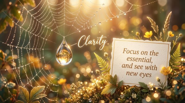 Dewdrop on spiderweb with inspirational quote about clarity and new perspectives, surrounded by nature and soft bokeh light.