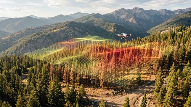 Aerial view of a drone surveying a forest during a wildfire incident with wildfire surveillance mountain emergency technology detection monitoring disaster environment landscape wildland