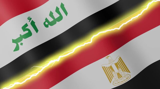 Two waving flags Iraq and Egypt with diagonal lightning seamless, 4k loop