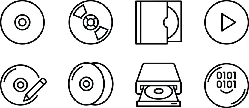 Compact Disc and DVD Data Storage Line Art Icon Set with Case Drive and Binary Code Symbols