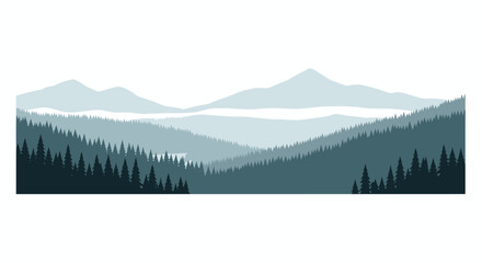 Misty blue mountain range and pine forest silhouette © alfi