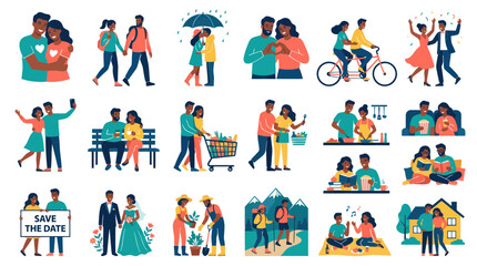 Fototapeta premium Flat Illustration of Diverse African American Couples in Love, Daily Life, and Relationship Milestones