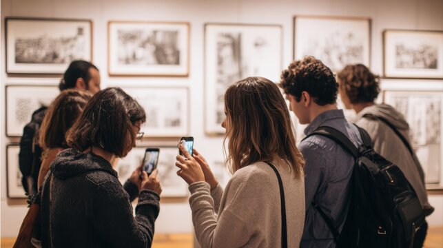 Group of multi-ethnic visitors scanning QR code to get more information about black and white photo on wall at exhibition in museum