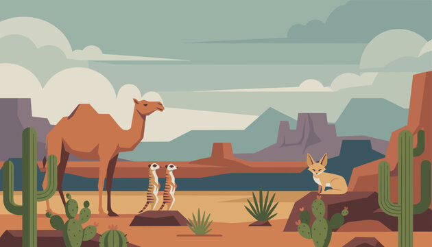 Warm desert landscape with wild camel, alert meerkats, and a fennec fox sitting among saguaro cacti under clouds.