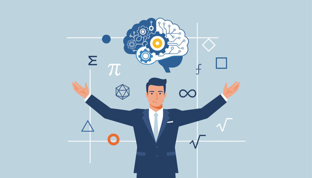 Successful businessman with open arms displaying analytical brain gears, math symbols, and logical thinking concepts.