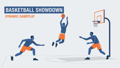 Obraz premium Graphic illustration of a high energy basketball showdown with players shooting, defending, and running on the court.