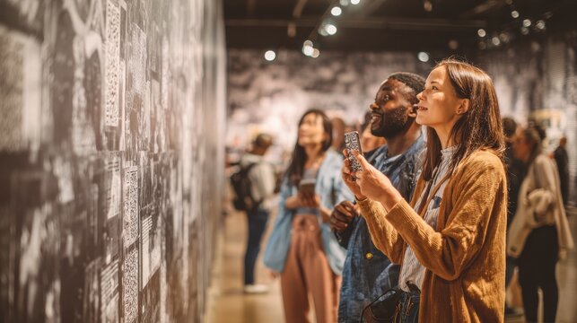 Group of multi-ethnic visitors scanning QR code to get more information about black and white photo on wall at exhibition in museum