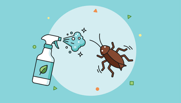 Chemical spray bottle releasing a cleaning mist to exterminate a cockroach on a light blue background.