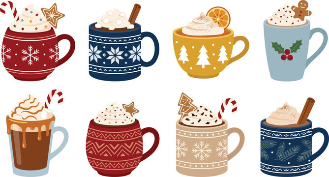 Winter Christmas Hot Chocolate Mugs with Whipped Cream Marshmallows Cinnamon Sticks and Cute Gingerbread Cookies Vector Clipart Set