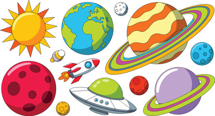 Outer Space Sticker Set Featuring Sun Earth Saturn Rocket Ship UFO Alien Spaceship and Colorful Planets Vector Illustration for Kids Design © MdAzijur