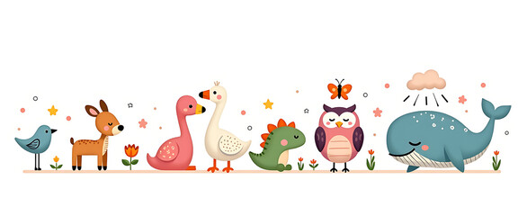 Fototapeta premium Cute cartoon animals border cute deer bird flamingo goose dinosaur owl whale and butterfly on white background.