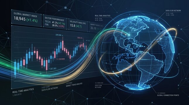 Global market index and financial data analytics, real-time trading charts, stock exchange graph, business economy growth concept with digital earth network background.