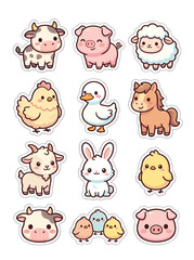 Obraz premium A collection of cute farm animal vector illustrations featuring a cow pig sheep chicken duck horse goat rabbit and chick designs on a white background.