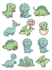 A collection of cute dinosaur vector illustration designs featuring various playful characters in vibrant green and blue colors for children's stickers or educational graphic projects. © Kevin