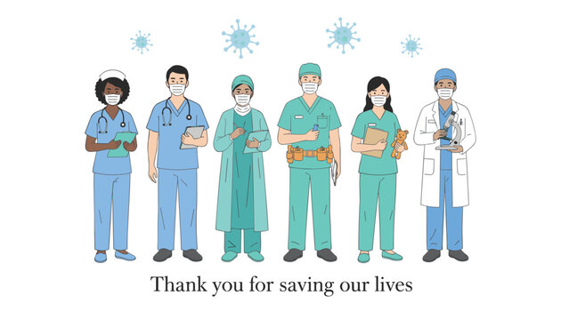 Diverse group of healthcare workers and medical doctors wearing protective masks and scrubs standing together in front of viruses.