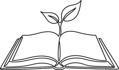 Minimalist continuous line art illustration of a single stroke open book with a growing green sprout plant symbolizing education knowledge academic success and sustainable learning development
