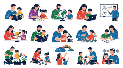 Fototapeta premium Flat Style Vector Icons of Parents Teaching Children Various Subjects