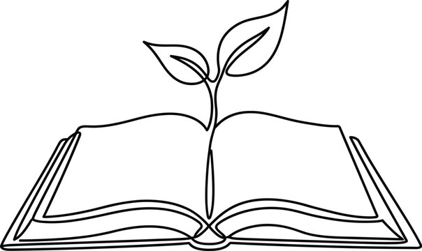 Minimalist continuous line art illustration of a single stroke open book with a growing green sprout plant symbolizing education knowledge academic success and sustainable learning development