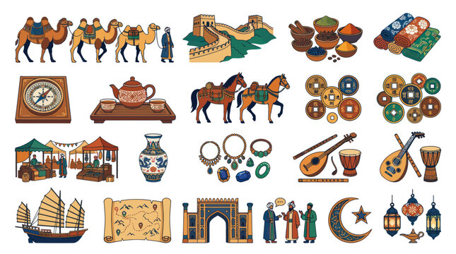 Silk Road, Asia, Travel, Vector Icons: Camels, Horse, Bazaar, Map, Architecture, Culture