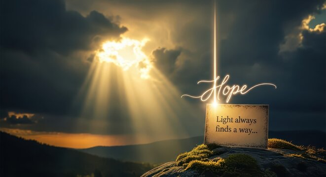 Dramatic sun rays breaking through dark clouds, illuminating the word Hope and a quote about finding light
