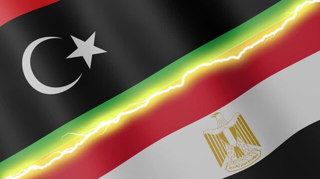 Two waving flags Libya and Egypt with diagonal lightning seamless, 4k loop
