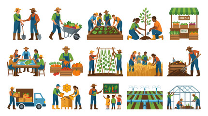 Naklejka premium Farming and Agriculture Flat Illustration: Farmers Working in Fields, Harvesting, and Selling Produce