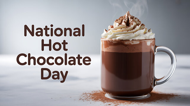 National Hot Chocolate Day celebration with a steaming mug of hot chocolate topped with whipped cream and cocoa powder