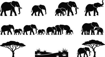 African Elephant Herd Silhouette Icon Set with Acacia Tree and Landscape for Safari Graphic Designs © Taijul