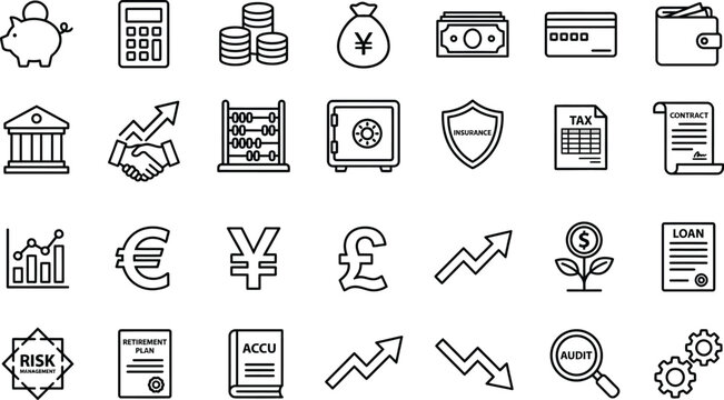 Comprehensive Collection of Thirty Minimalist Linear Financial Consulting Icons for Business Strategy Investment Banking Corporate Accounting Analysis and Wealth Management Planning Vector Set