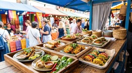 Fototapeta premium Delicious Asian street food displayed at a vibrant outdoor market stall