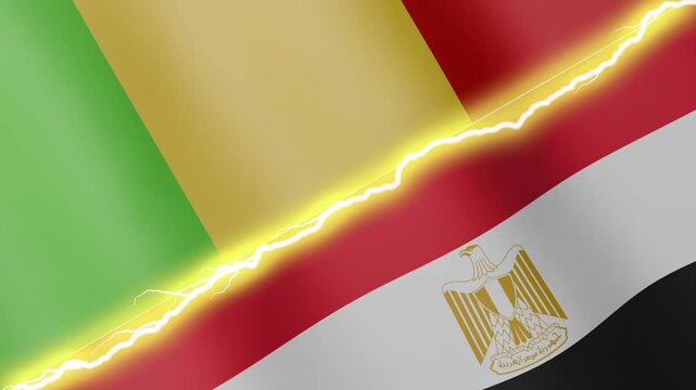 Two waving flags Mali and Egypt with diagonal lightning seamless, 4k loop