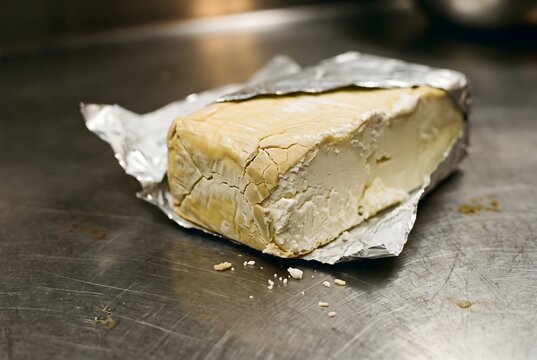 Macro close up of the edge of an opened block of cream cheese severely dried out and cracked