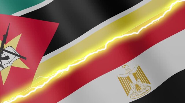 Two waving flags Mozambique and Egypt with diagonal lightning seamless, 4k loop