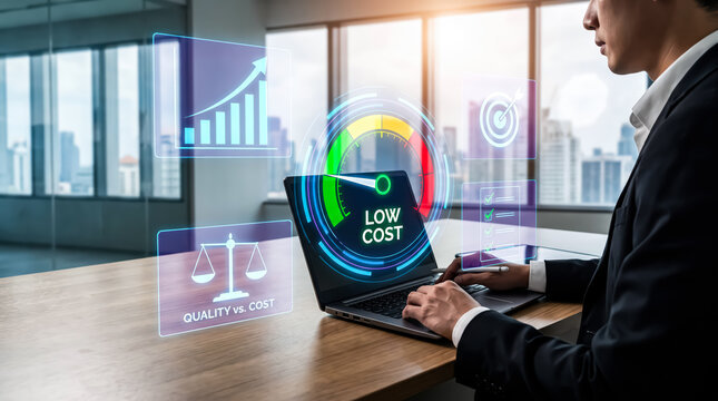 Businessman working on laptop with digital holographic interface showing low cost efficiency and business strategy analysis