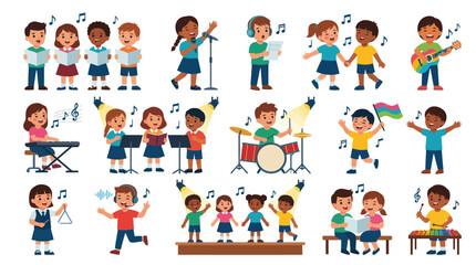 Fototapeta premium Children singing and playing music, flat vector illustration for education and arts