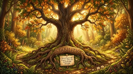 Fototapeta premium Enchanted Forest Scene with Ancient Tree Roots and a Sign of Stability